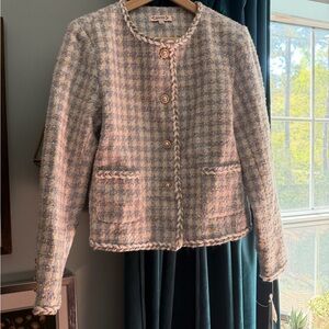 Nanette Lepore Blue Tweed Boucle Pearl Button Cardigan Jacket M NWT